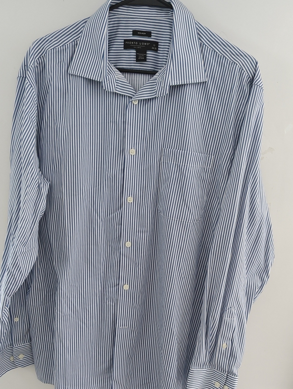 Pronto Uomo White and Blue Pinstripe Dress Shirt Size 17, 34/35